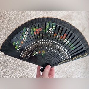 Black Handheld Fan with Hand Painted Floral Design